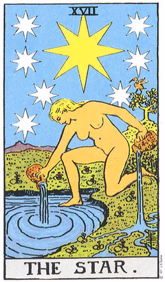Carte de l’Étoile : une femme agenouillée au bord d’un bassin verse l’eau de deux cruches sous une grande étoile à huit branches entourée de sept étoiles plus petites.
