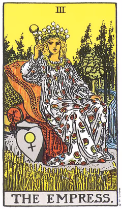 Carte de tarot L’Impératrice : une souveraine couronnée de douze étoiles, assise dans les coussins, sceptre à globe en main, écu au signe de Vénus posé près d’elle, devant un champ de blé.