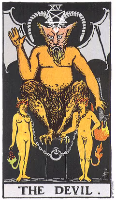 Carte du Diable : une figure cornue aux ailes de chauve-souris trône sur un socle noir, au-dessus d’un homme et d’une femme enchaînés, les chaînes lâches autour du cou.