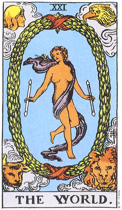 Carte du Monde du tarot : une danseuse au centre d’une couronne ovale de feuillage, entourée aux quatre coins par un ange, un aigle, un taureau et un lion.