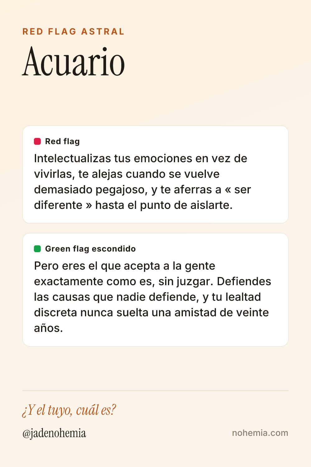 Card con el red flag y el green flag del signo Acuario, por Jade Nohemia en Nohemia