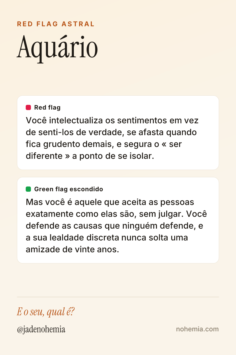 Card com o red flag e o green flag do signo de Aquário, por Jade Nohemia na Nohemia