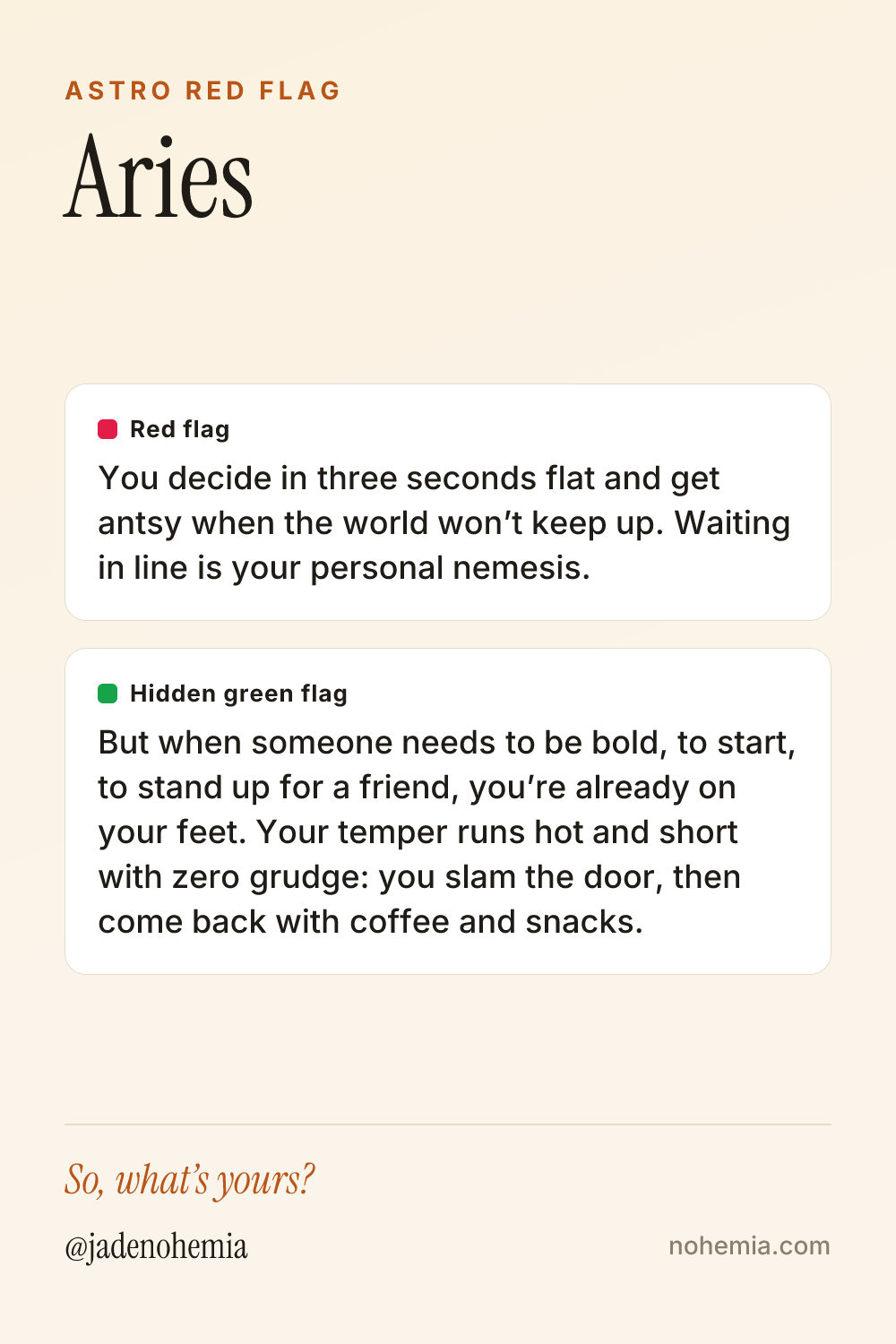 Red flag and green flag card for the sign Aries, by Jade Nohemia on Nohemia