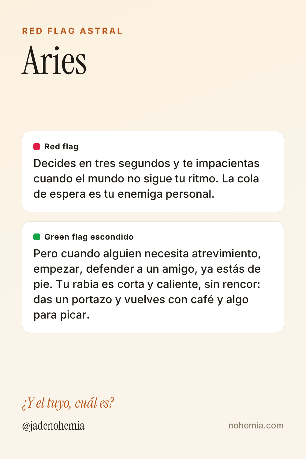Card con el red flag y el green flag del signo Aries, por Jade Nohemia en Nohemia