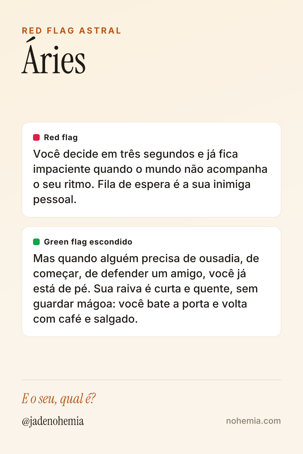 Card com o red flag e o green flag do signo de Áries, por Jade Nohemia na Nohemia