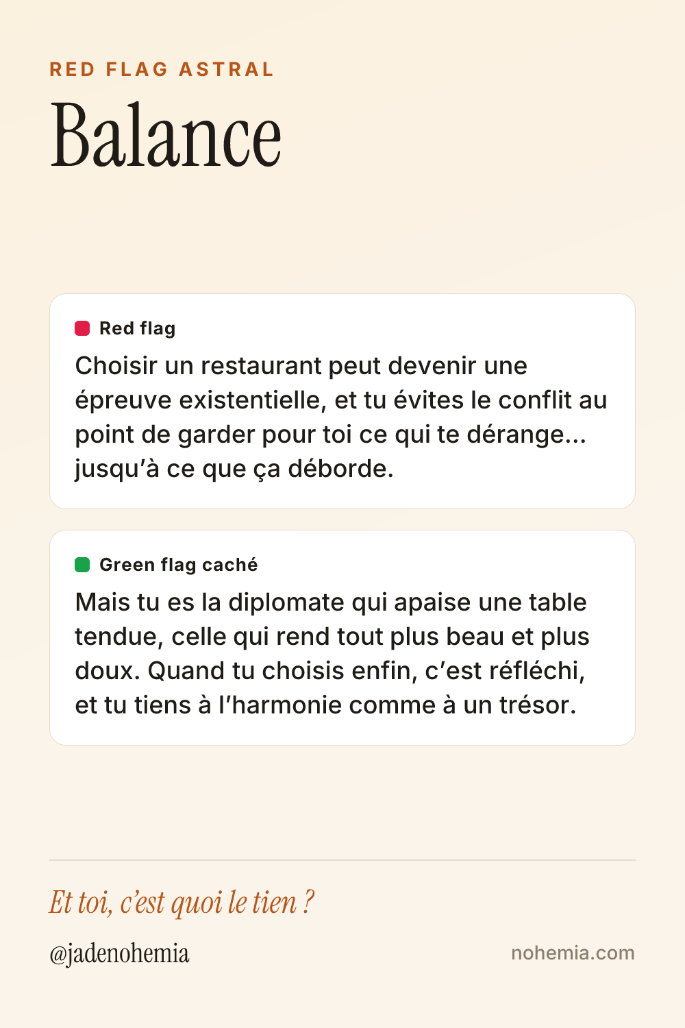 Card red flag et green flag du signe Balance, par Jade Nohemia sur Nohemia