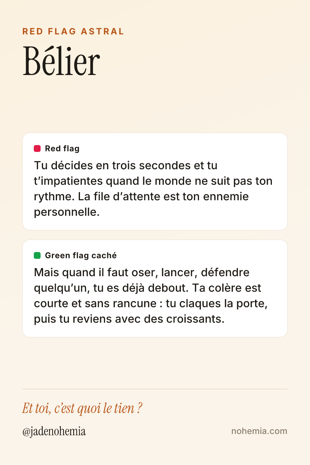 Card red flag et green flag du signe Bélier, par Jade Nohemia sur Nohemia