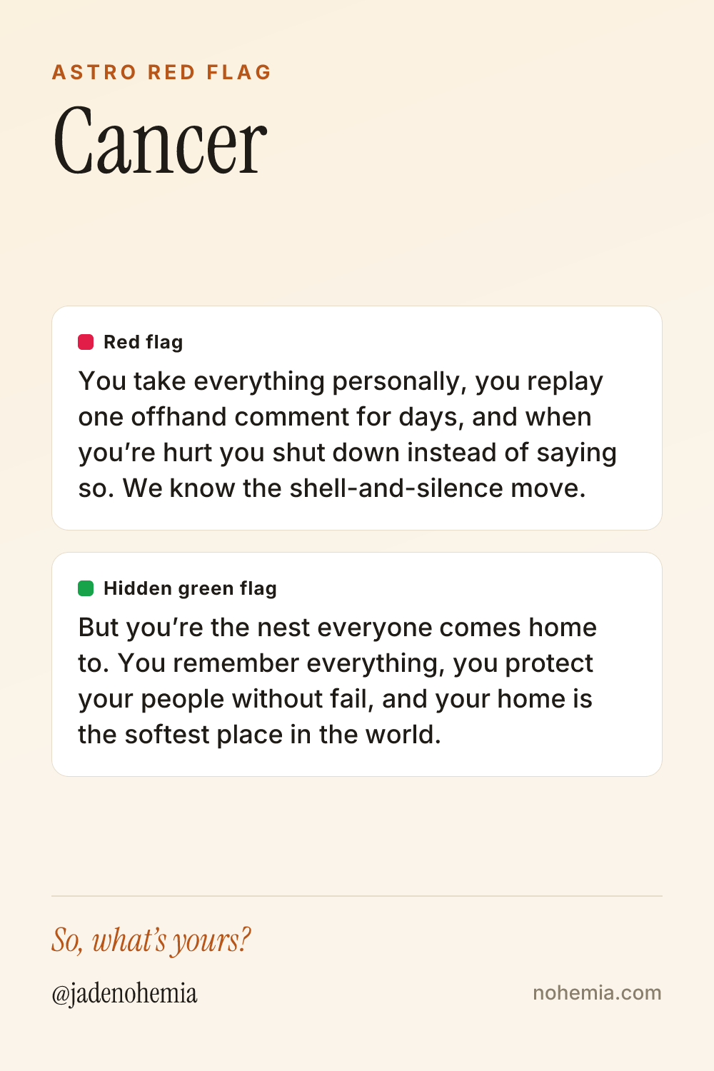 Red flag and green flag card for the sign Cancer, by Jade Nohemia on Nohemia