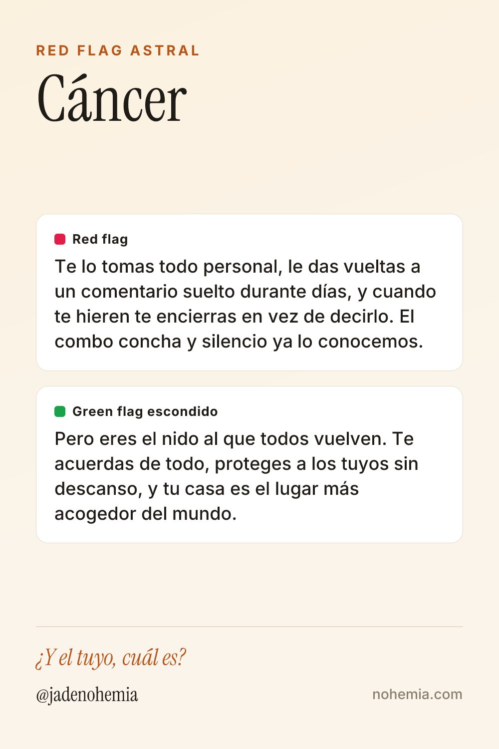Card con el red flag y el green flag del signo Cáncer, por Jade Nohemia en Nohemia