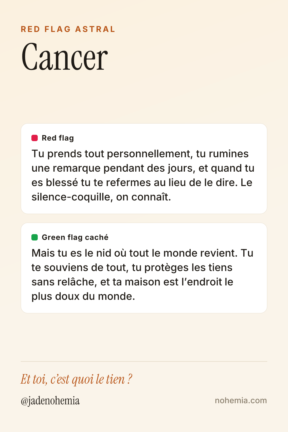 Card red flag et green flag du signe Cancer, par Jade Nohemia sur Nohemia