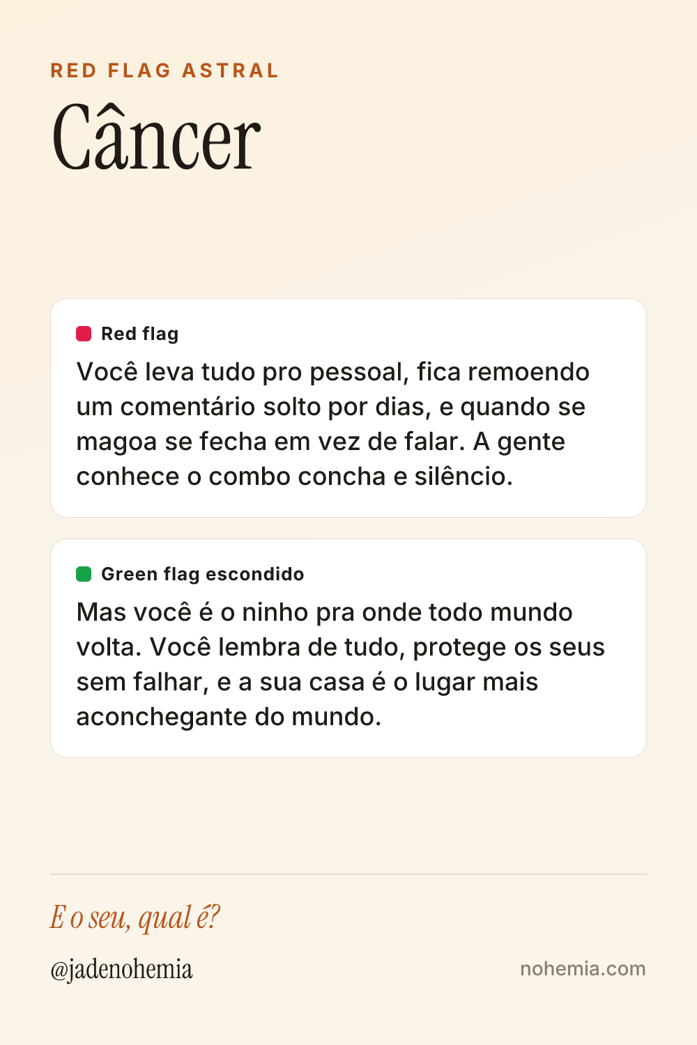 Card com o red flag e o green flag do signo de Câncer, por Jade Nohemia na Nohemia