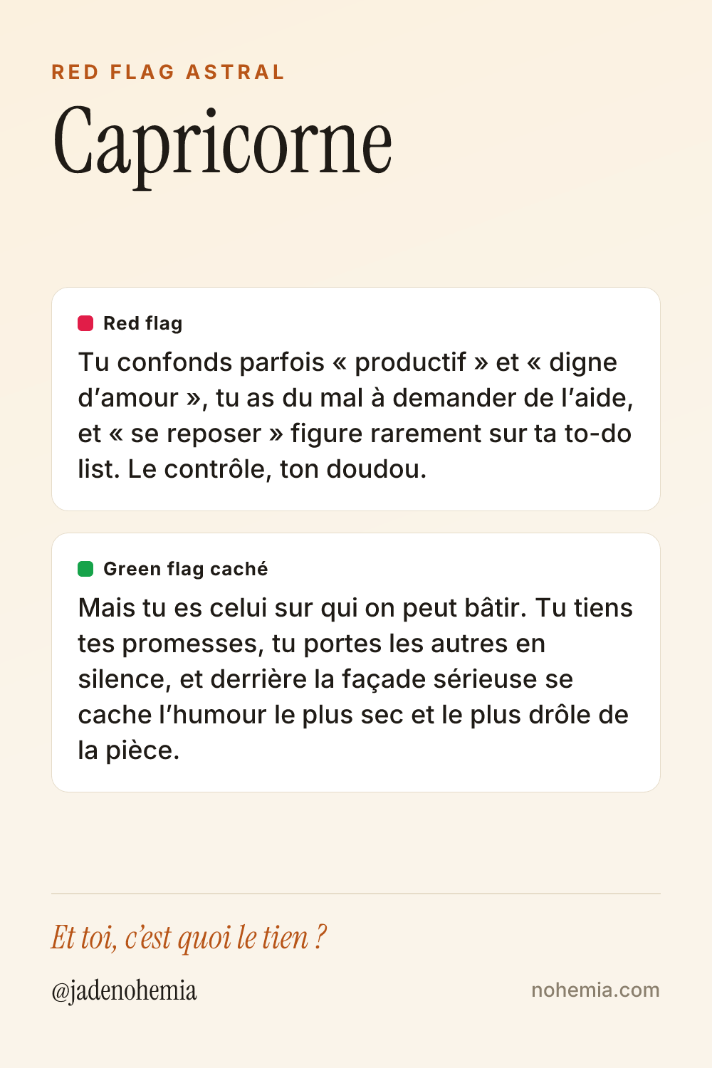 Card red flag et green flag du signe Capricorne, par Jade Nohemia sur Nohemia