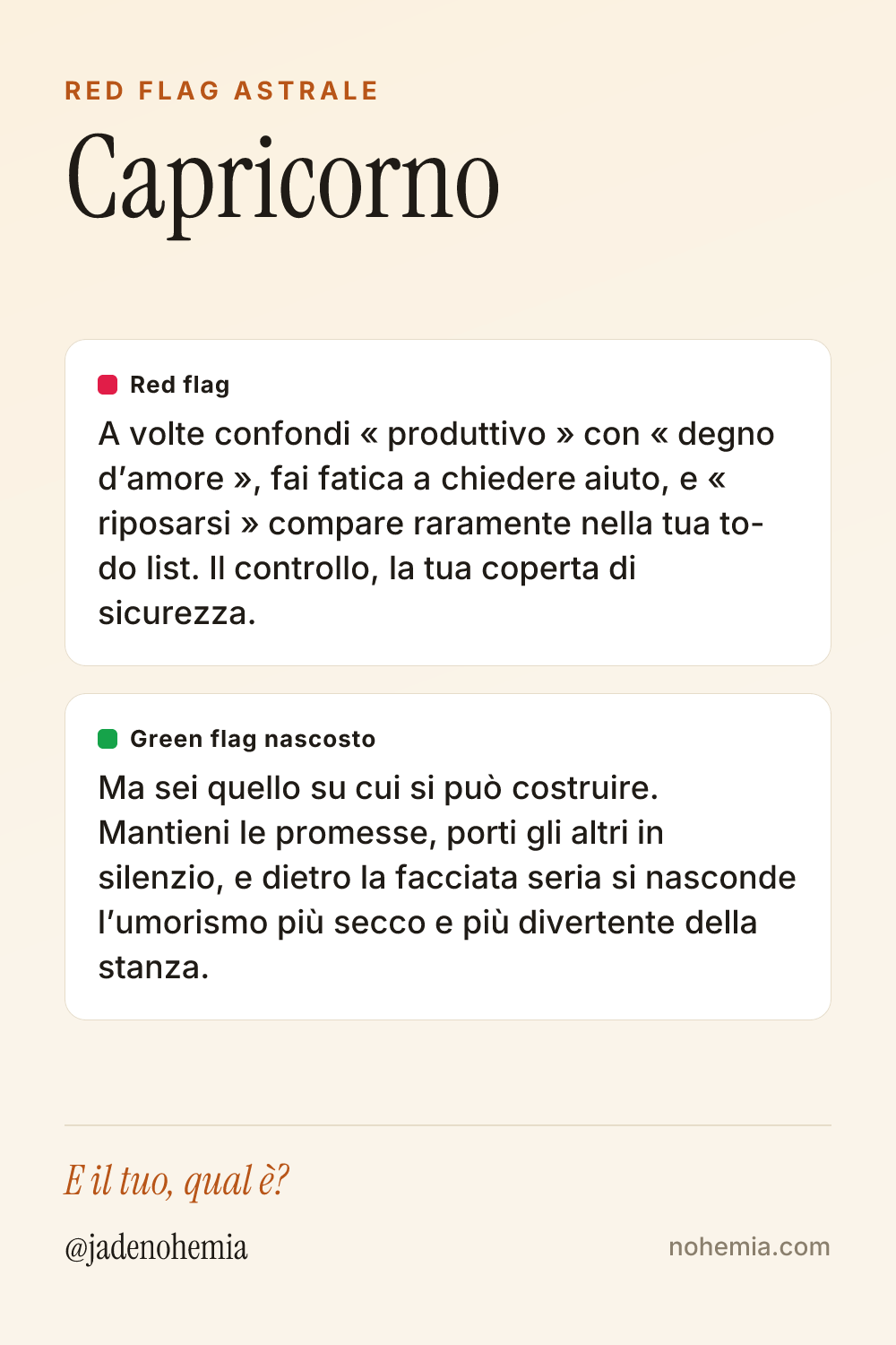 Card red flag e green flag del segno Capricorno, di Jade Nohemia su Nohemia