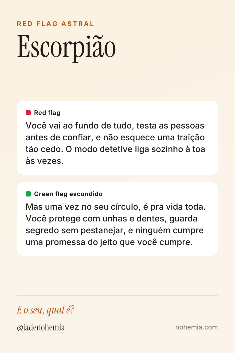 Card com o red flag e o green flag do signo de Escorpião, por Jade Nohemia na Nohemia
