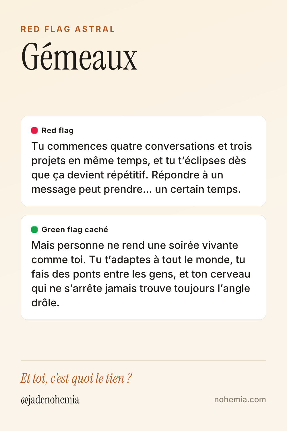 Card red flag et green flag du signe Gémeaux, par Jade Nohemia sur Nohemia
