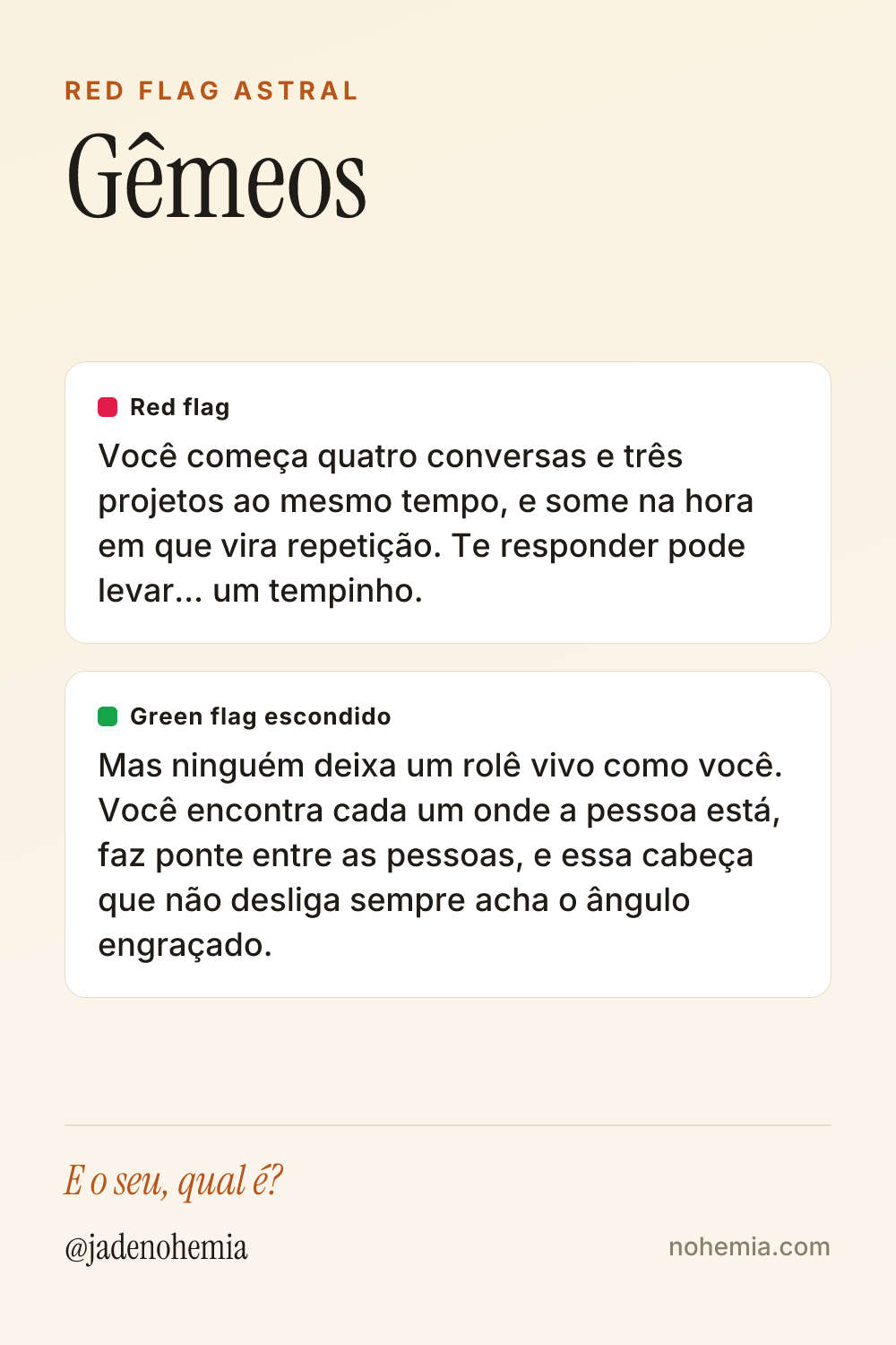 Card com o red flag e o green flag do signo de Gêmeos, por Jade Nohemia na Nohemia