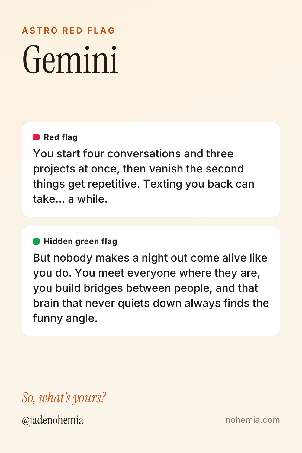 Red flag and green flag card for the sign Gemini, by Jade Nohemia on Nohemia
