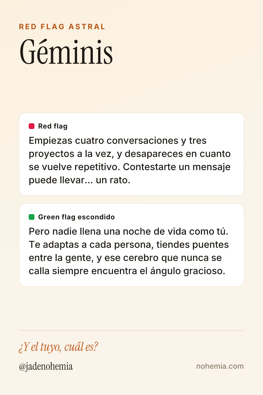 Card con el red flag y el green flag del signo Géminis, por Jade Nohemia en Nohemia