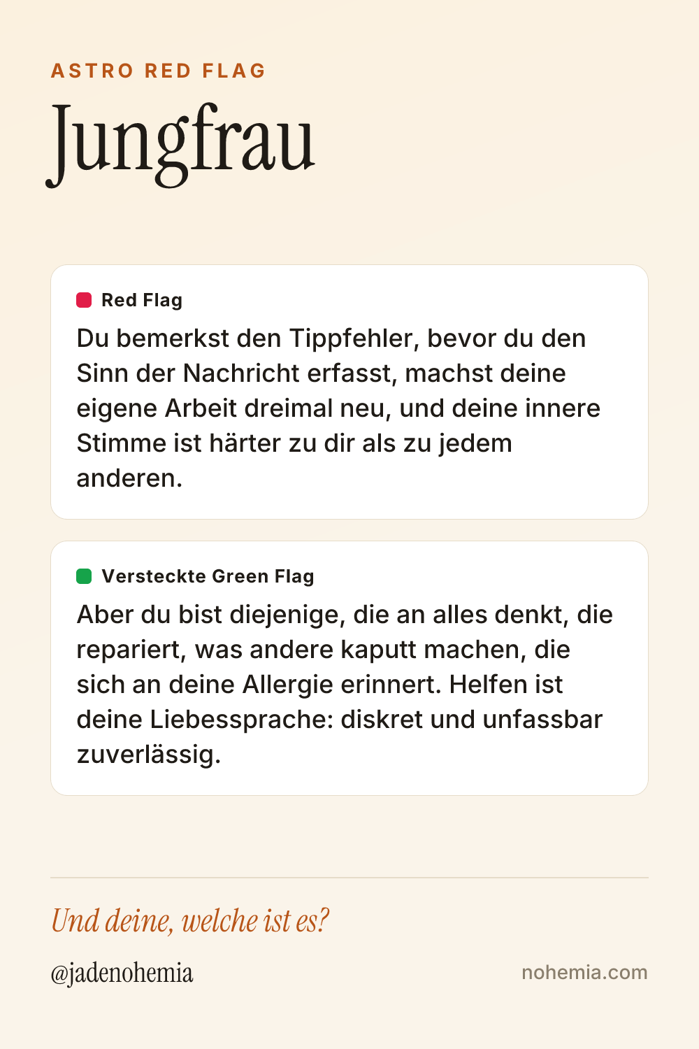 Card mit Red Flag und Green Flag für das Sternzeichen Jungfrau, von Jade Nohemia auf Nohemia
