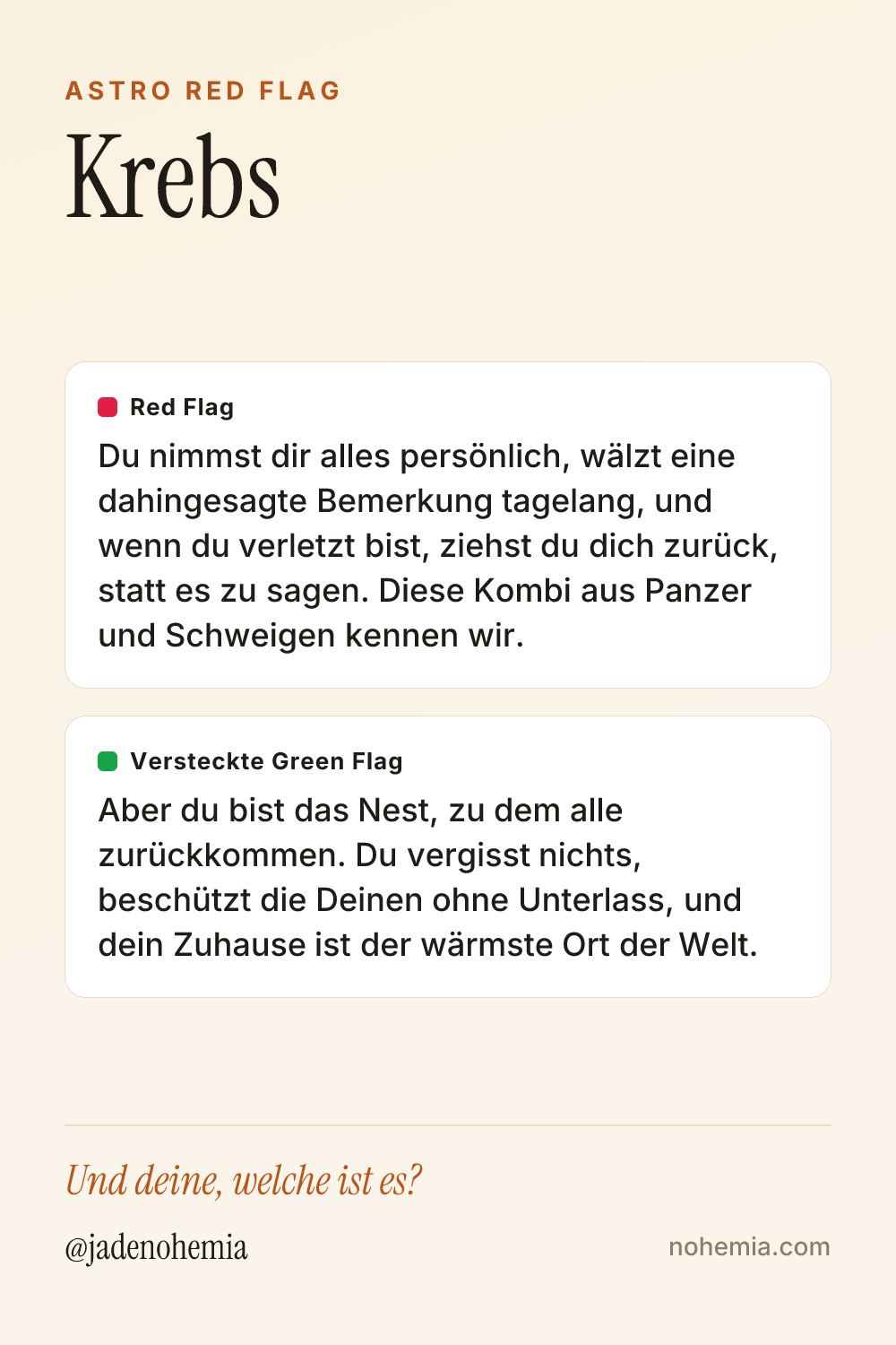Card mit Red Flag und Green Flag für das Sternzeichen Krebs, von Jade Nohemia auf Nohemia