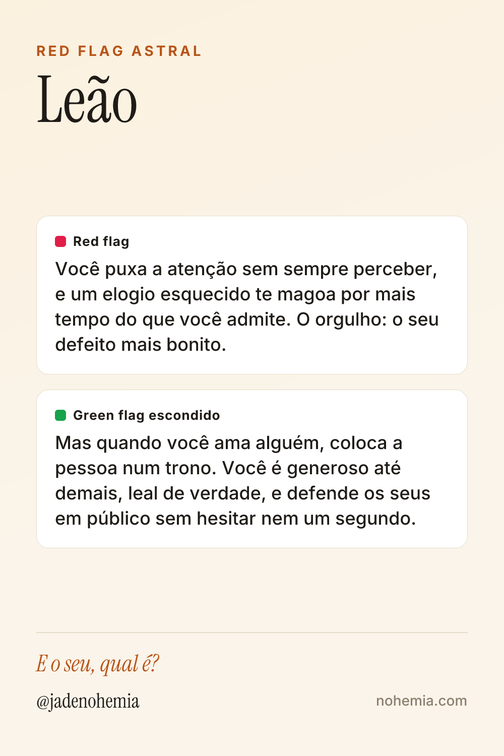 Card com o red flag e o green flag do signo de Leão, por Jade Nohemia na Nohemia
