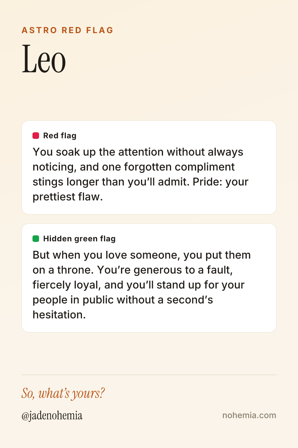 Red flag and green flag card for the sign Leo, by Jade Nohemia on Nohemia