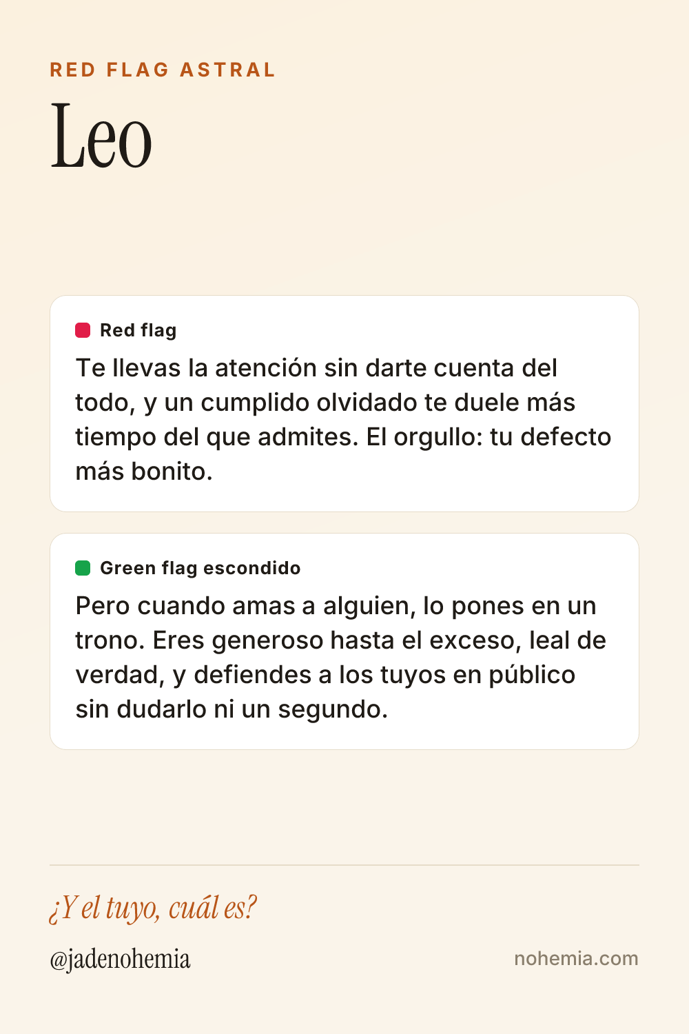 Card con el red flag y el green flag del signo Leo, por Jade Nohemia en Nohemia