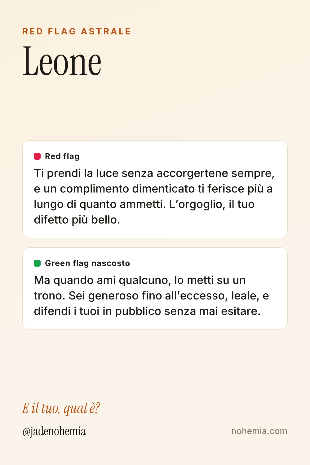 Card red flag e green flag del segno Leone, di Jade Nohemia su Nohemia