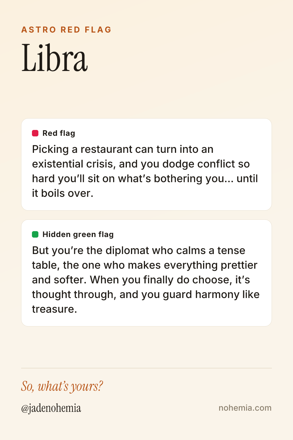 Red flag and green flag card for the sign Libra, by Jade Nohemia on Nohemia