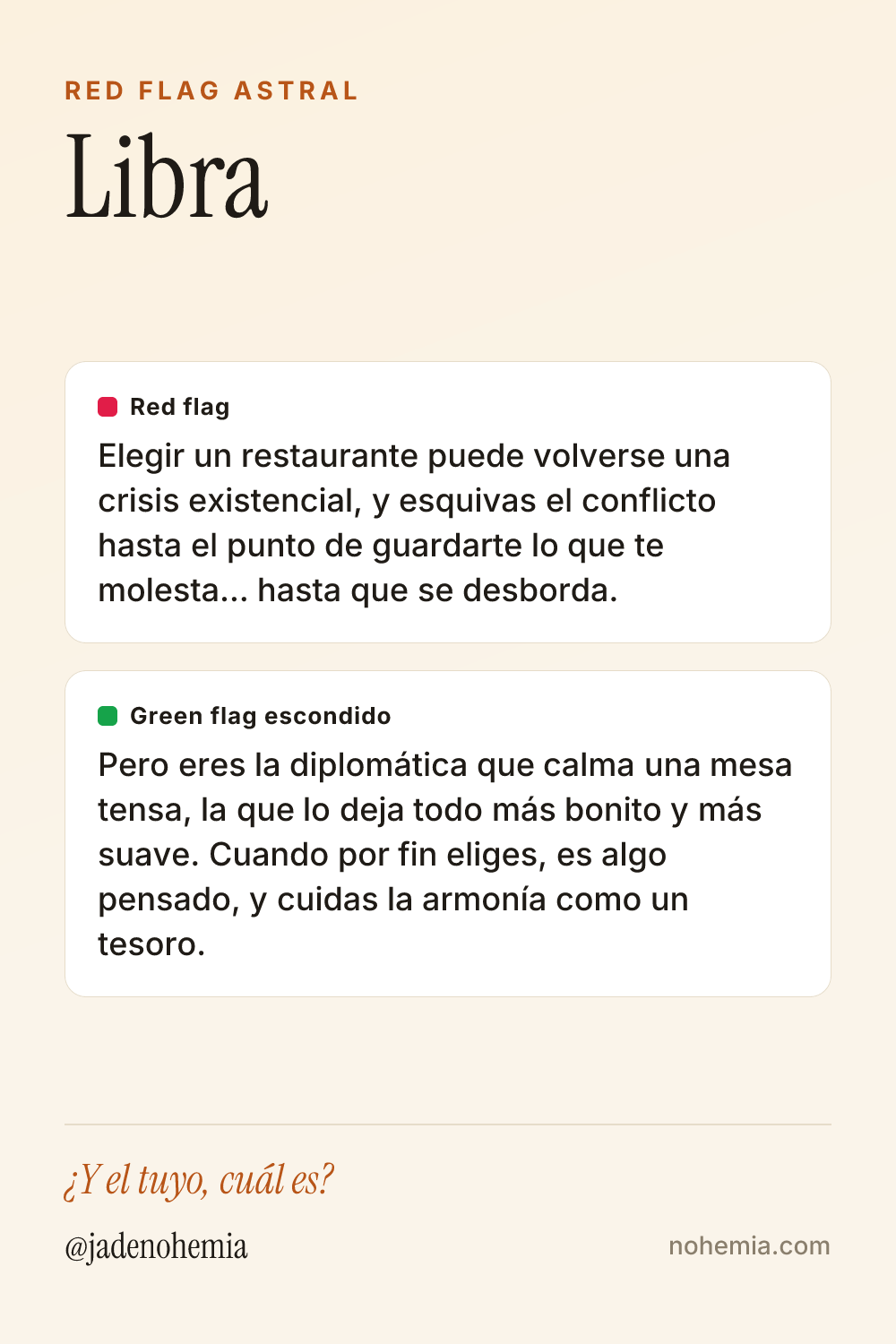 Card con el red flag y el green flag del signo Libra, por Jade Nohemia en Nohemia