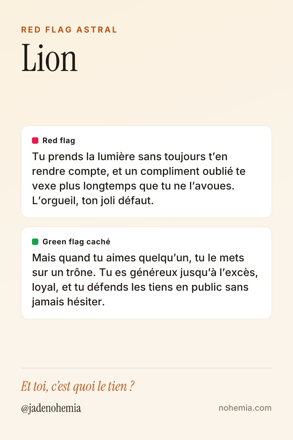 Card red flag et green flag du signe Lion, par Jade Nohemia sur Nohemia