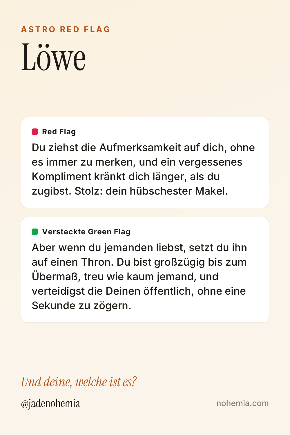 Card mit Red Flag und Green Flag für das Sternzeichen Löwe, von Jade Nohemia auf Nohemia