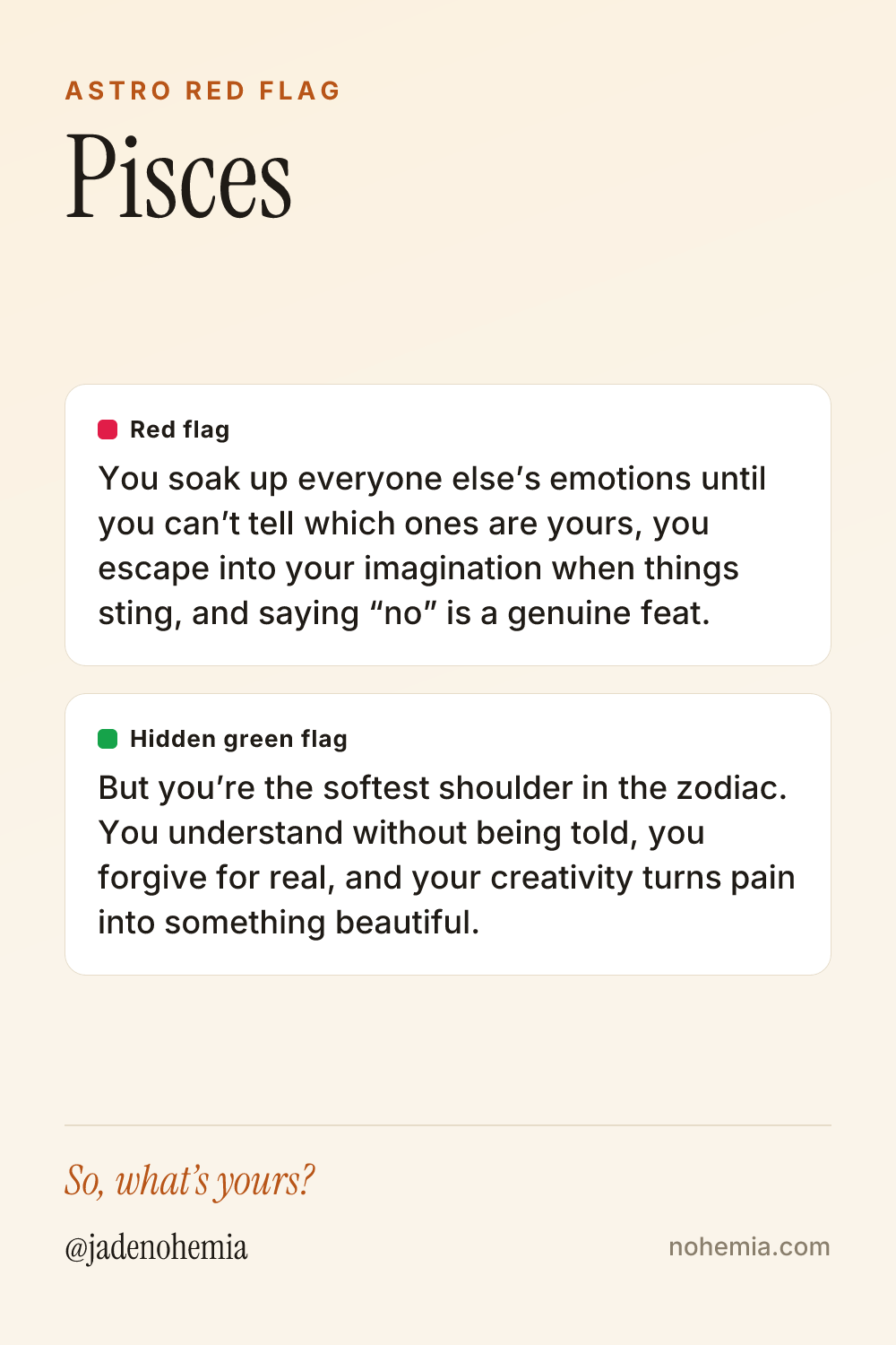 Red flag and green flag card for the sign Pisces, by Jade Nohemia on Nohemia