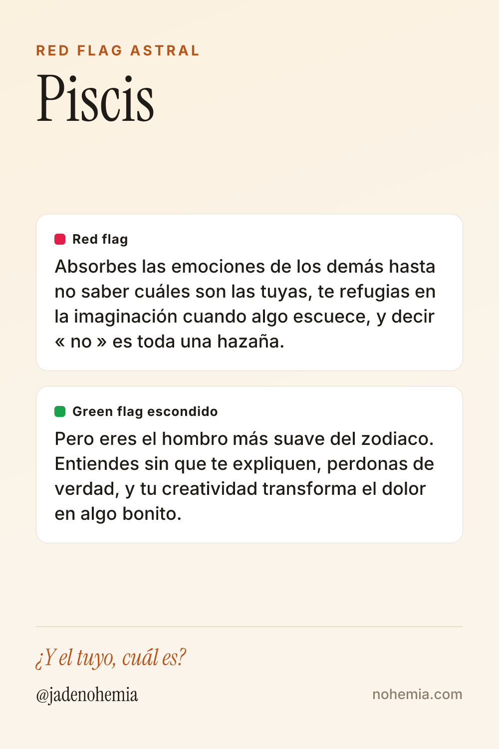Card con el red flag y el green flag del signo Piscis, por Jade Nohemia en Nohemia