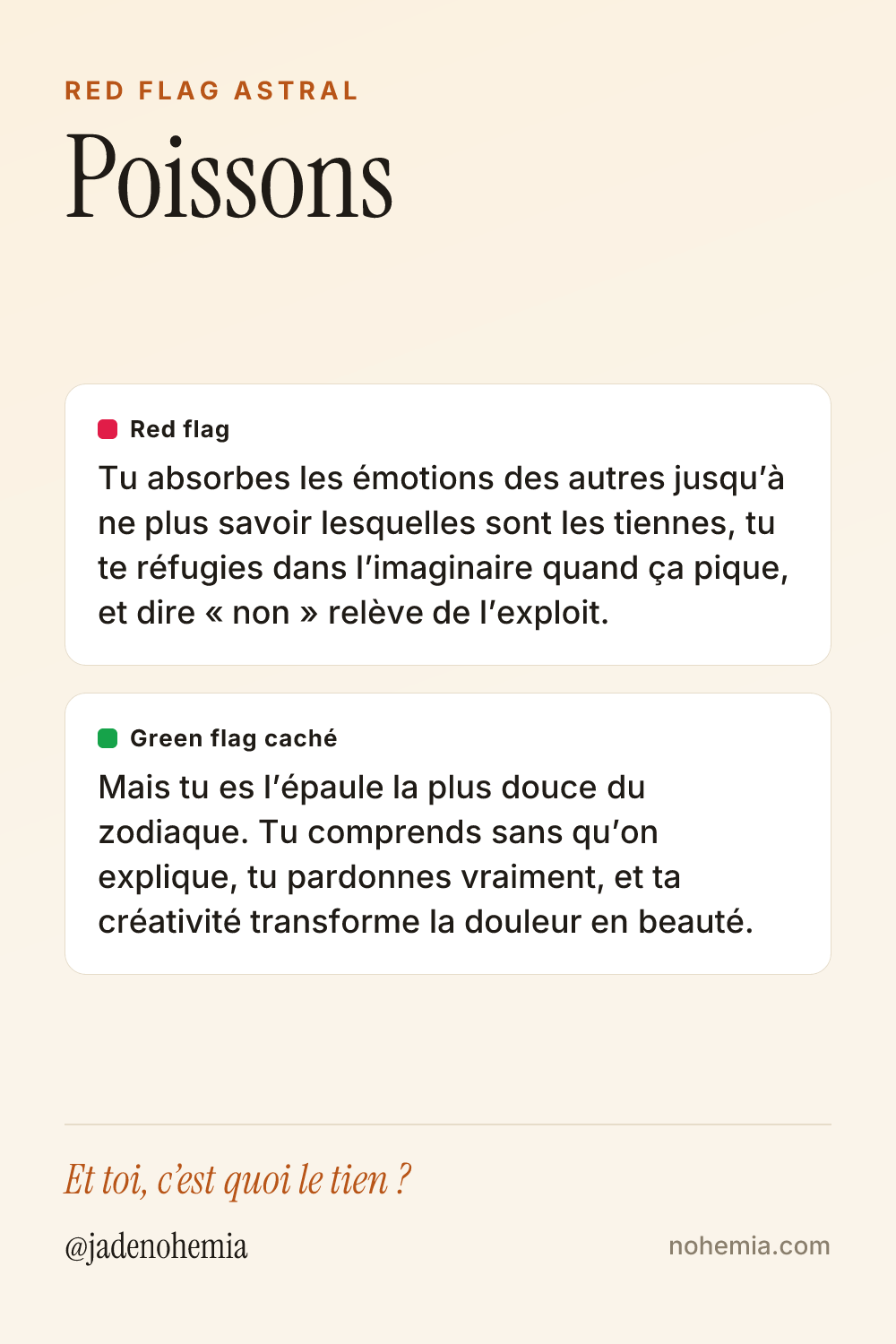 Card red flag et green flag du signe Poissons, par Jade Nohemia sur Nohemia