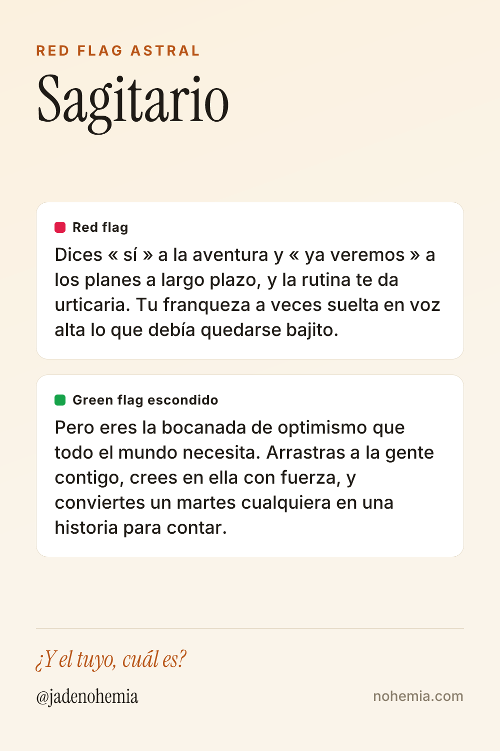 Card con el red flag y el green flag del signo Sagitario, por Jade Nohemia en Nohemia