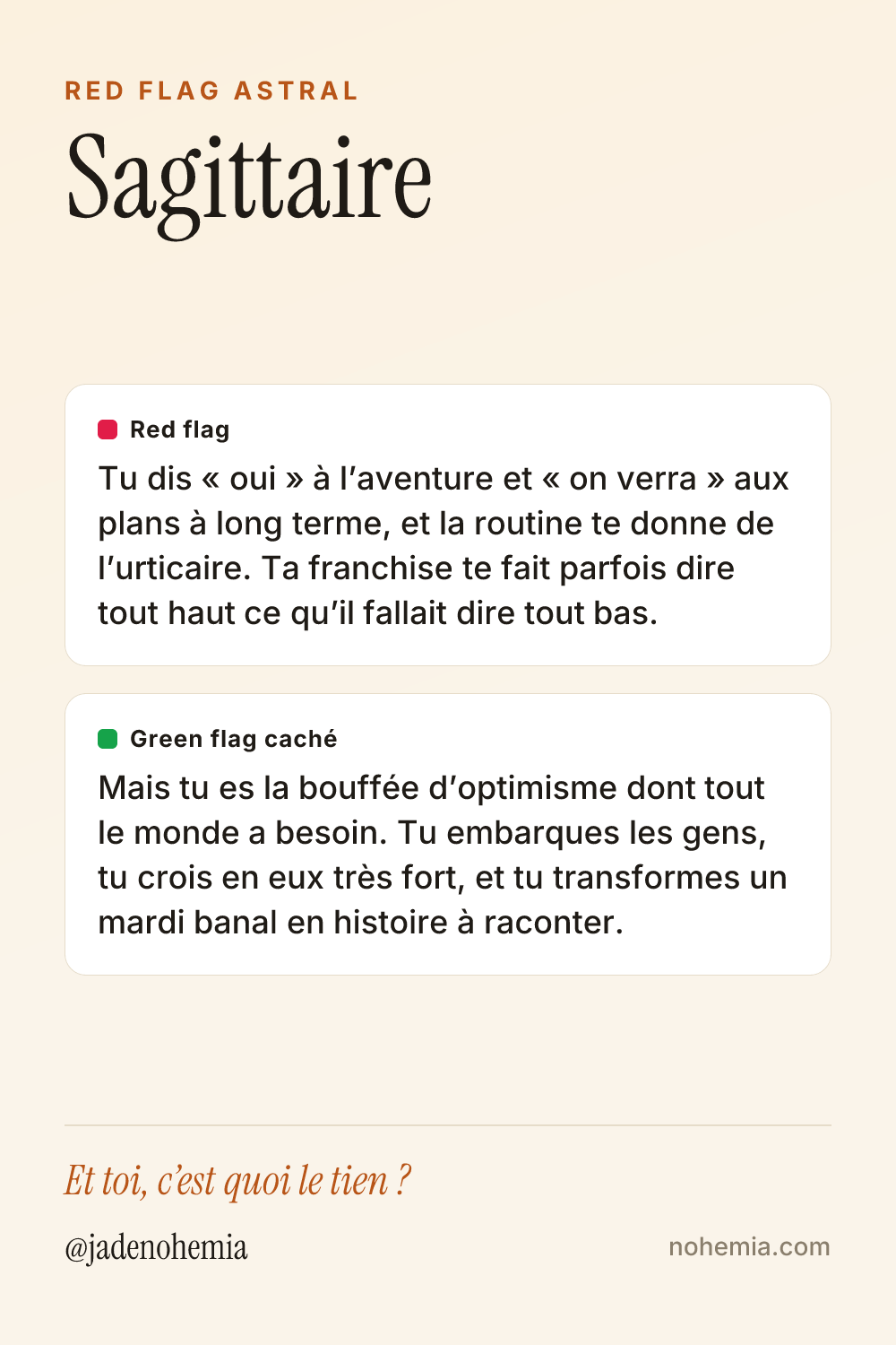 Card red flag et green flag du signe Sagittaire, par Jade Nohemia sur Nohemia