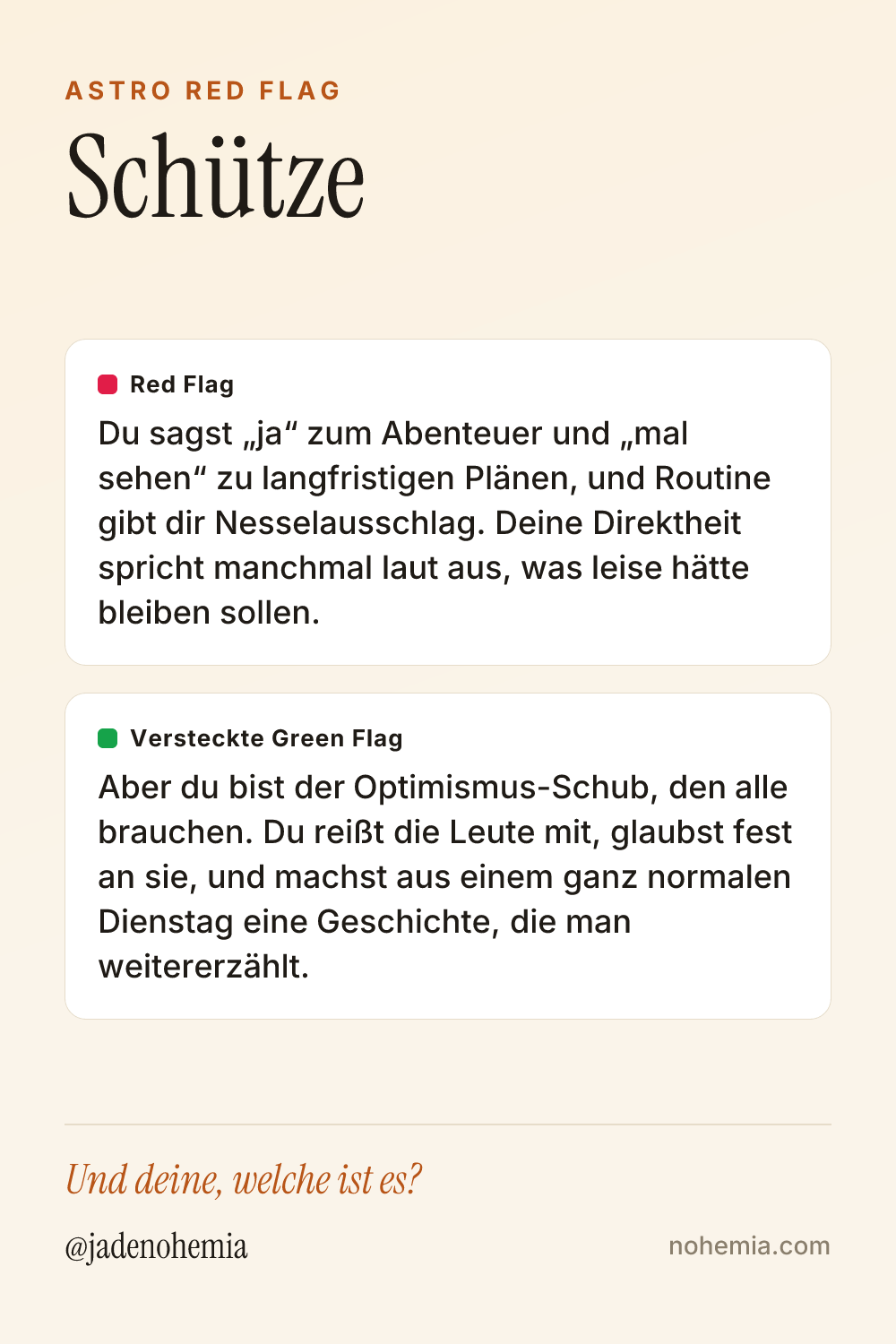Card mit Red Flag und Green Flag für das Sternzeichen Schütze, von Jade Nohemia auf Nohemia