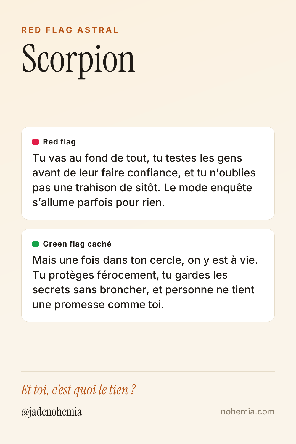 Card red flag et green flag du signe Scorpion, par Jade Nohemia sur Nohemia