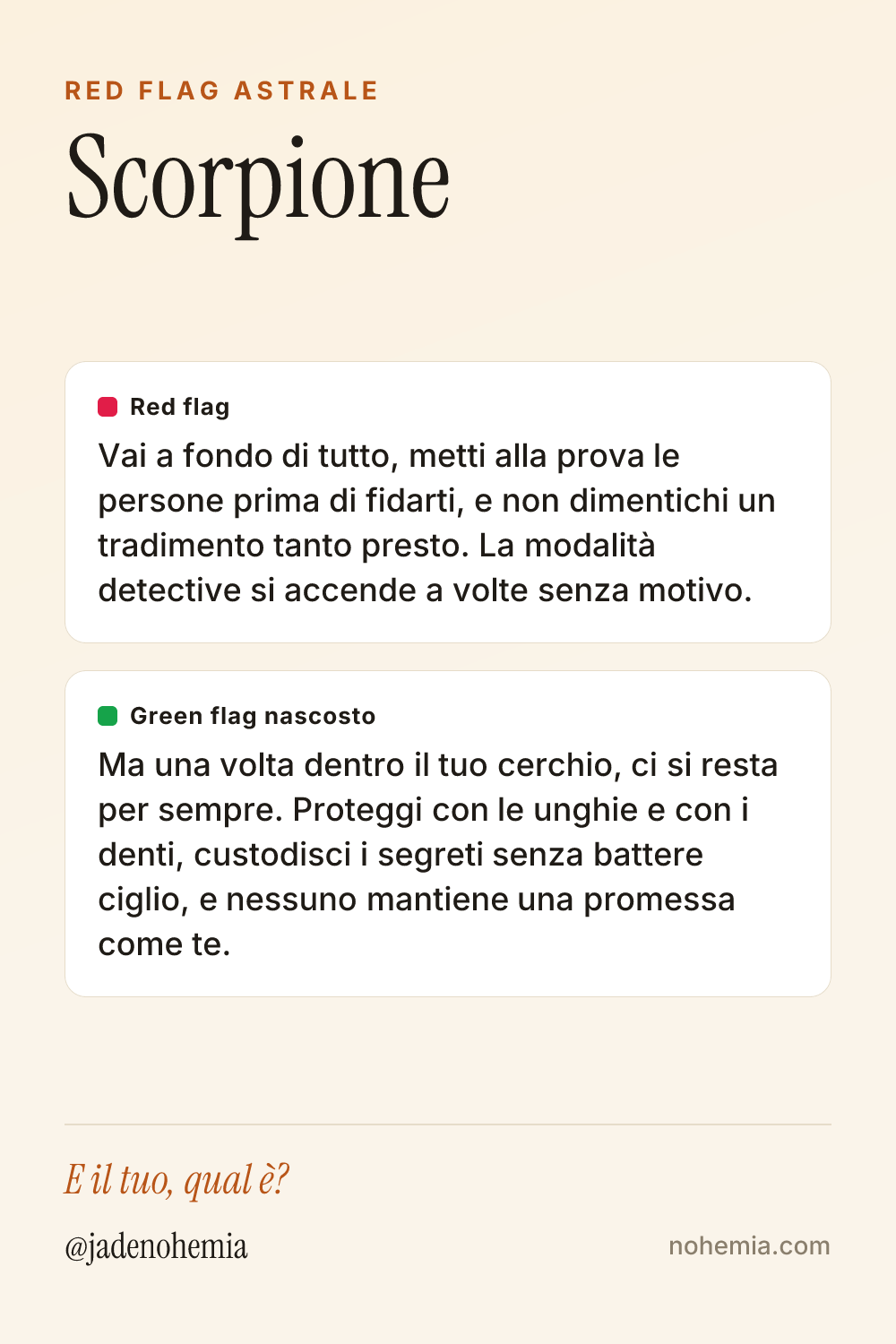 Card red flag e green flag del segno Scorpione, di Jade Nohemia su Nohemia