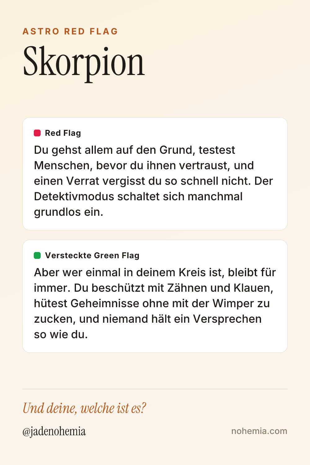 Card mit Red Flag und Green Flag für das Sternzeichen Skorpion, von Jade Nohemia auf Nohemia