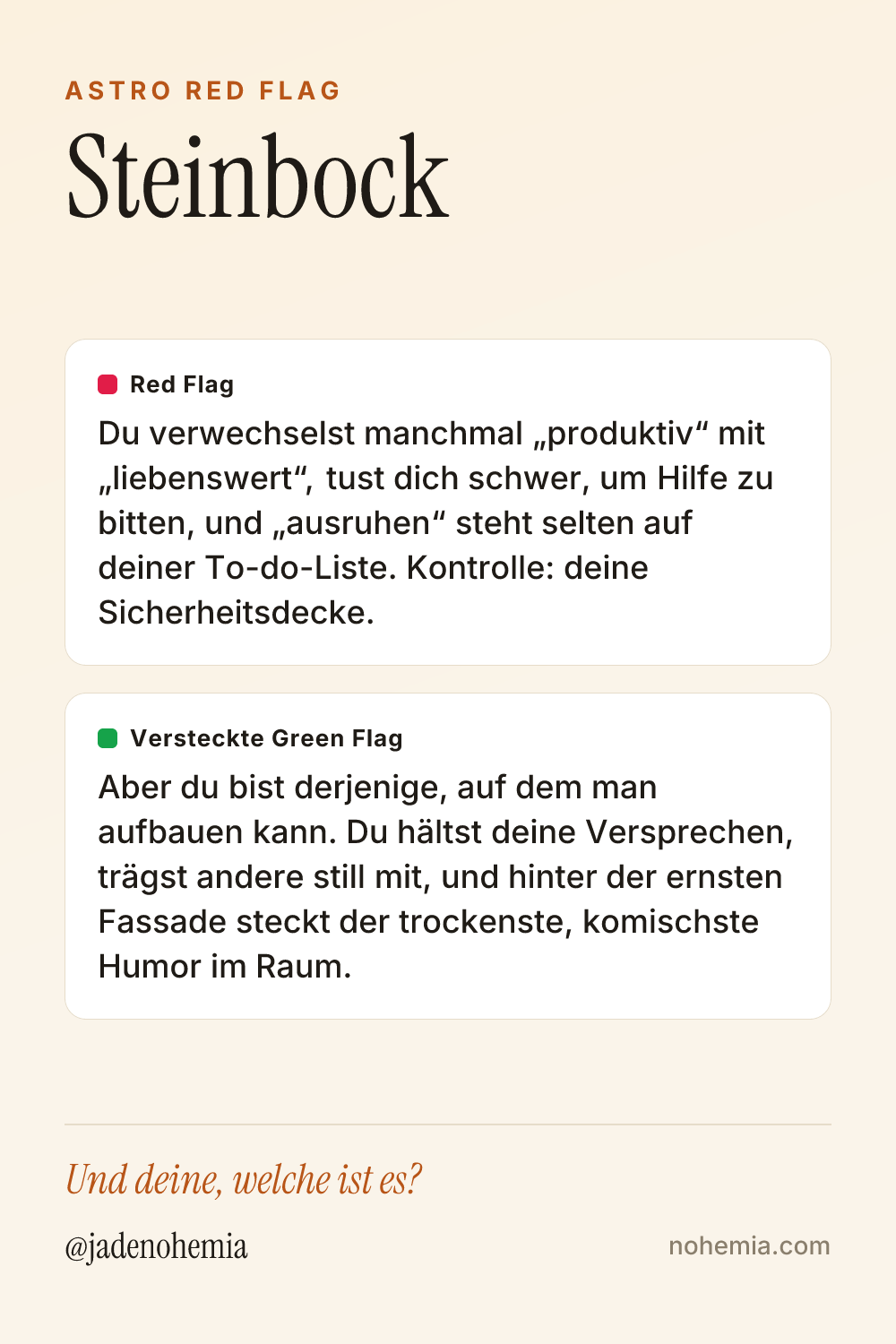 Card mit Red Flag und Green Flag für das Sternzeichen Steinbock, von Jade Nohemia auf Nohemia
