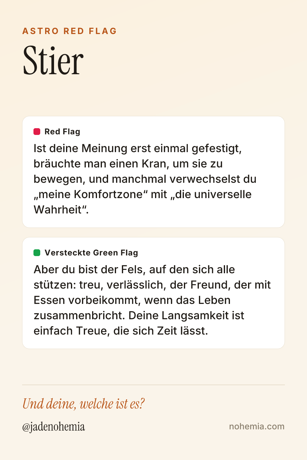 Card mit Red Flag und Green Flag für das Sternzeichen Stier, von Jade Nohemia auf Nohemia
