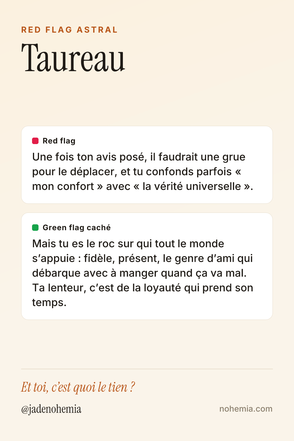Card red flag et green flag du signe Taureau, par Jade Nohemia sur Nohemia