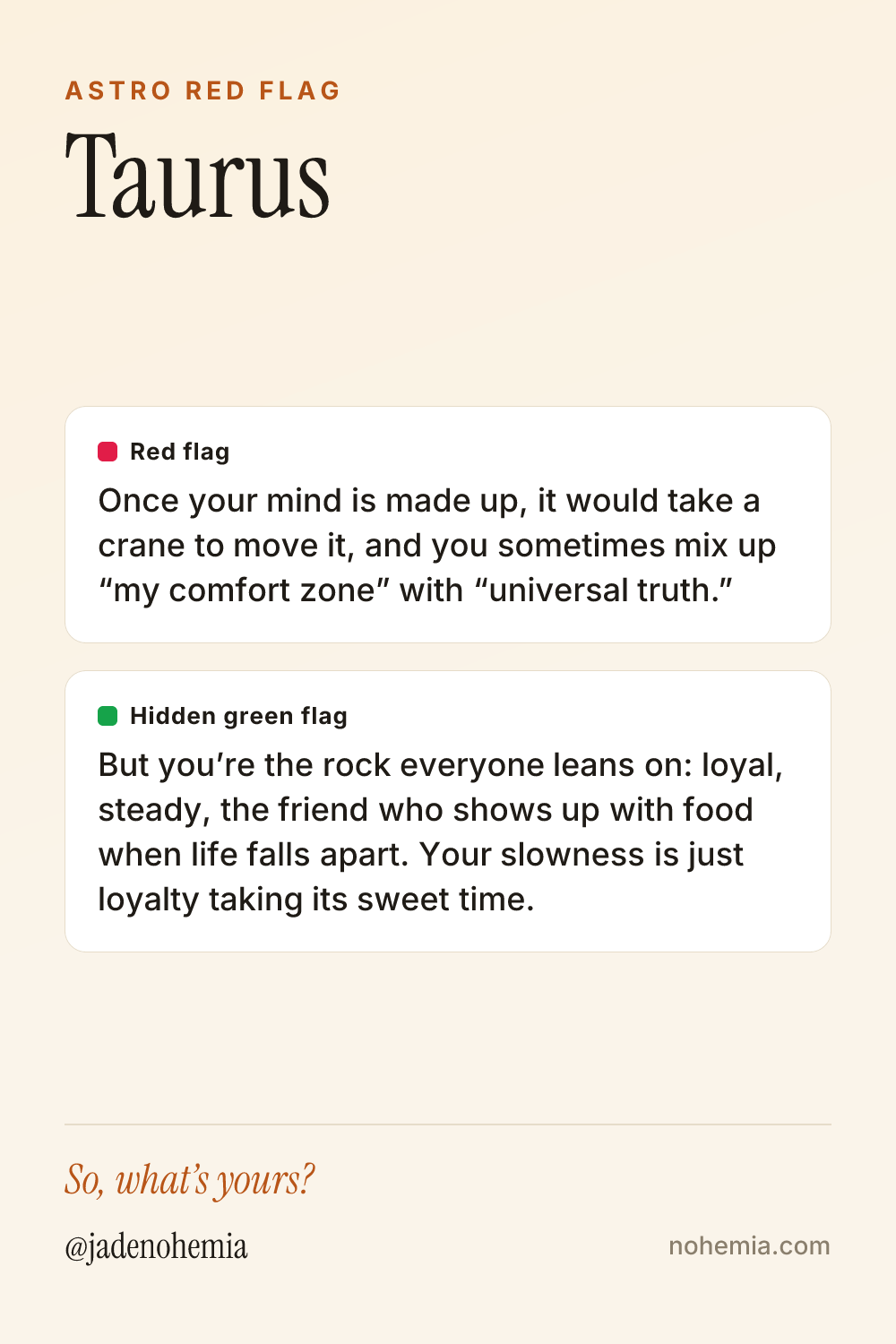 Red flag and green flag card for the sign Taurus, by Jade Nohemia on Nohemia