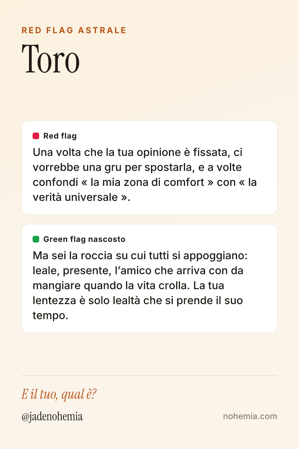 Card red flag e green flag del segno Toro, di Jade Nohemia su Nohemia