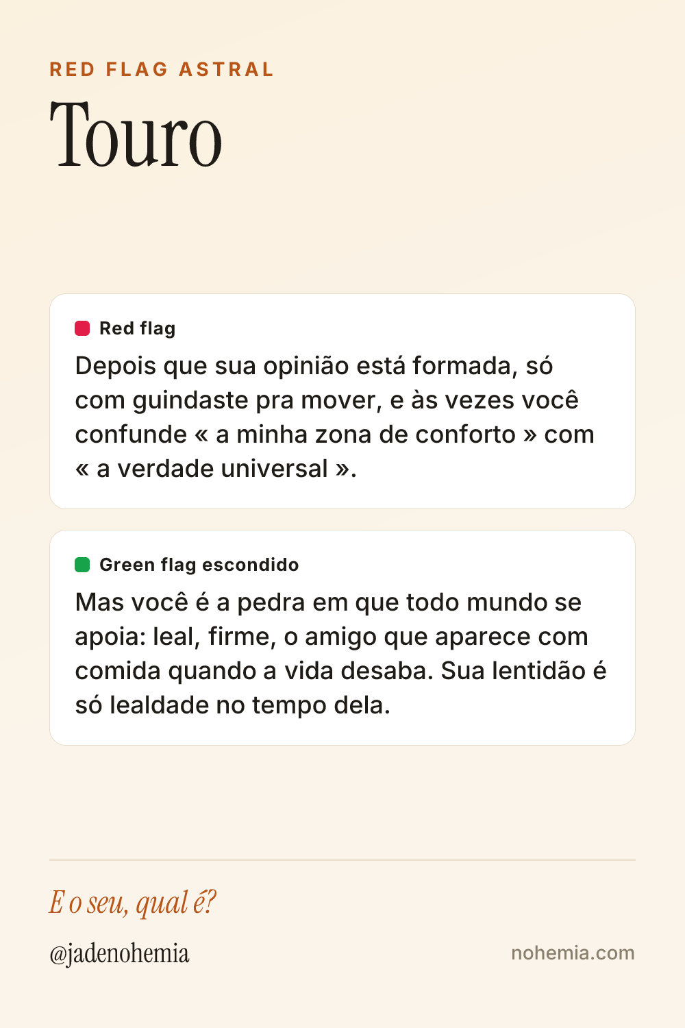 Card com o red flag e o green flag do signo de Touro, por Jade Nohemia na Nohemia