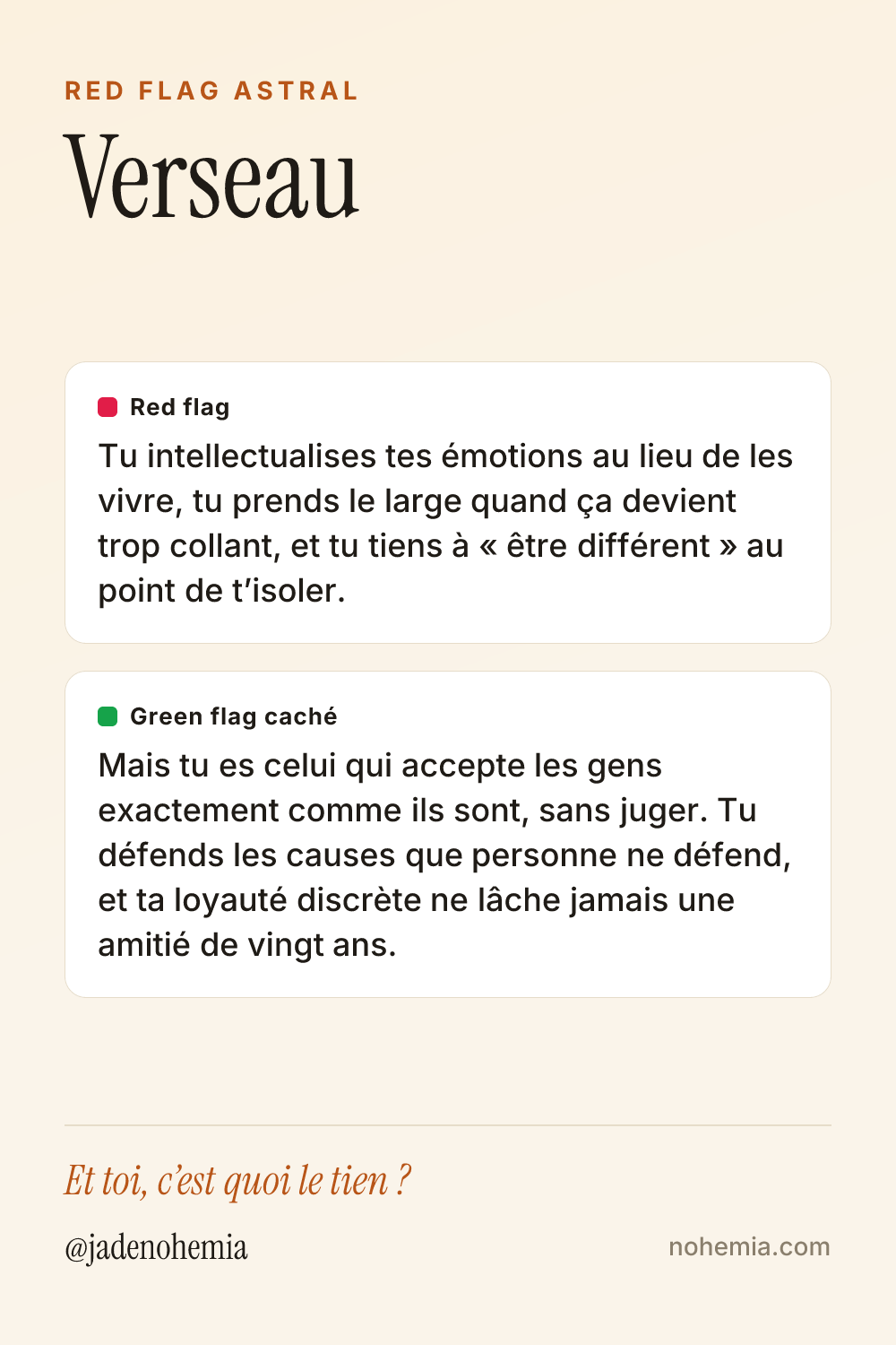 Card red flag et green flag du signe Verseau, par Jade Nohemia sur Nohemia