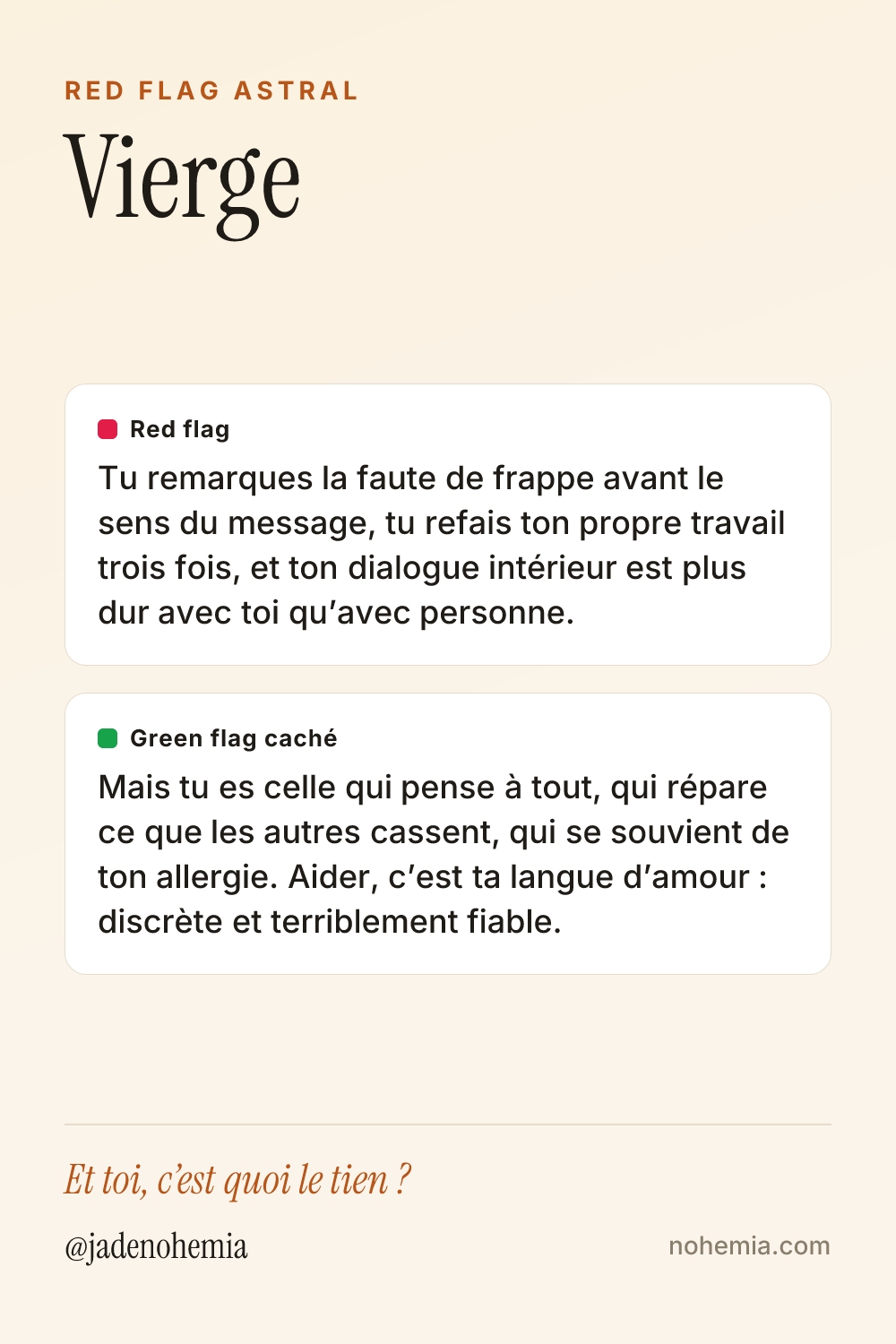 Card red flag et green flag du signe Vierge, par Jade Nohemia sur Nohemia