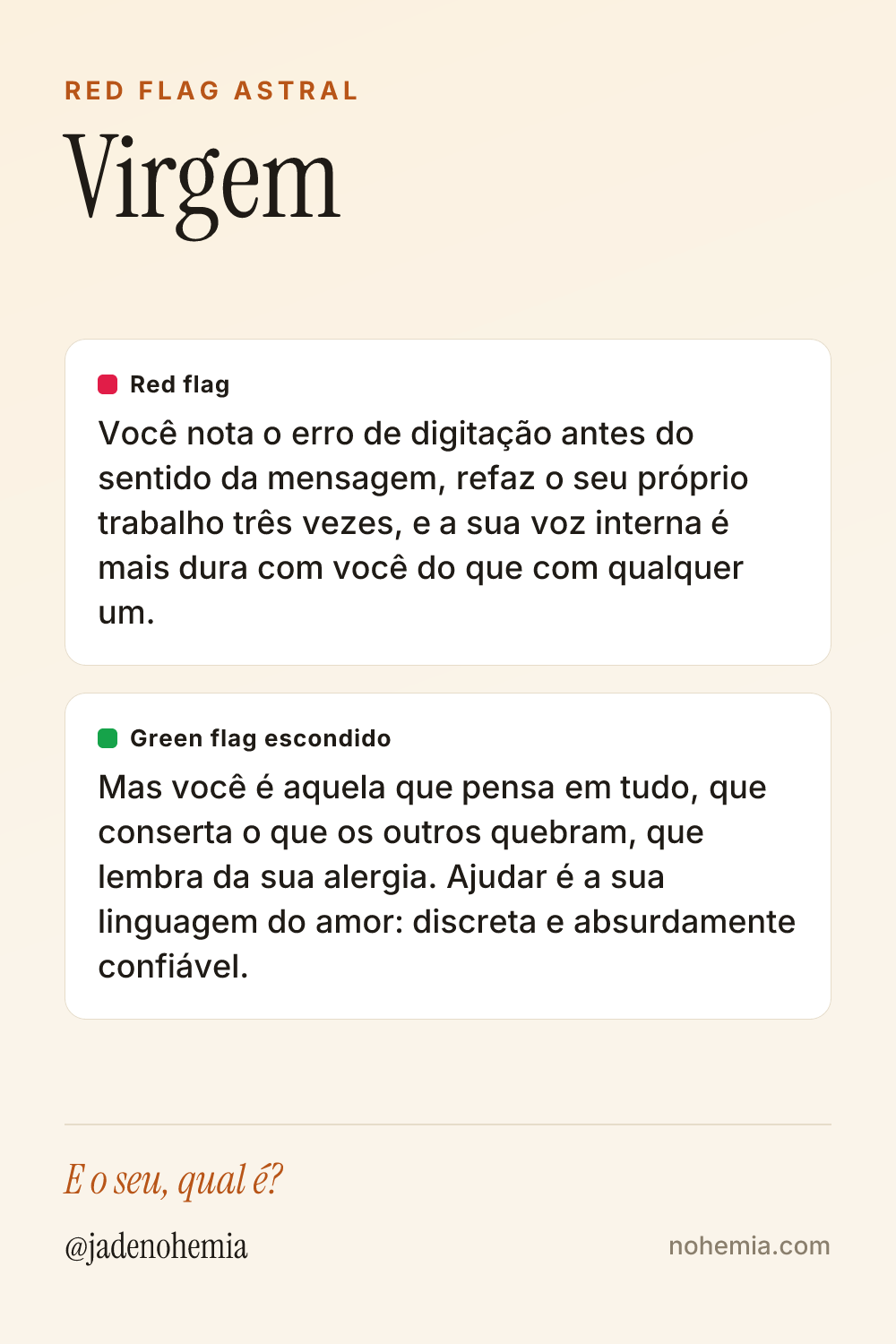 Card com o red flag e o green flag do signo de Virgem, por Jade Nohemia na Nohemia
